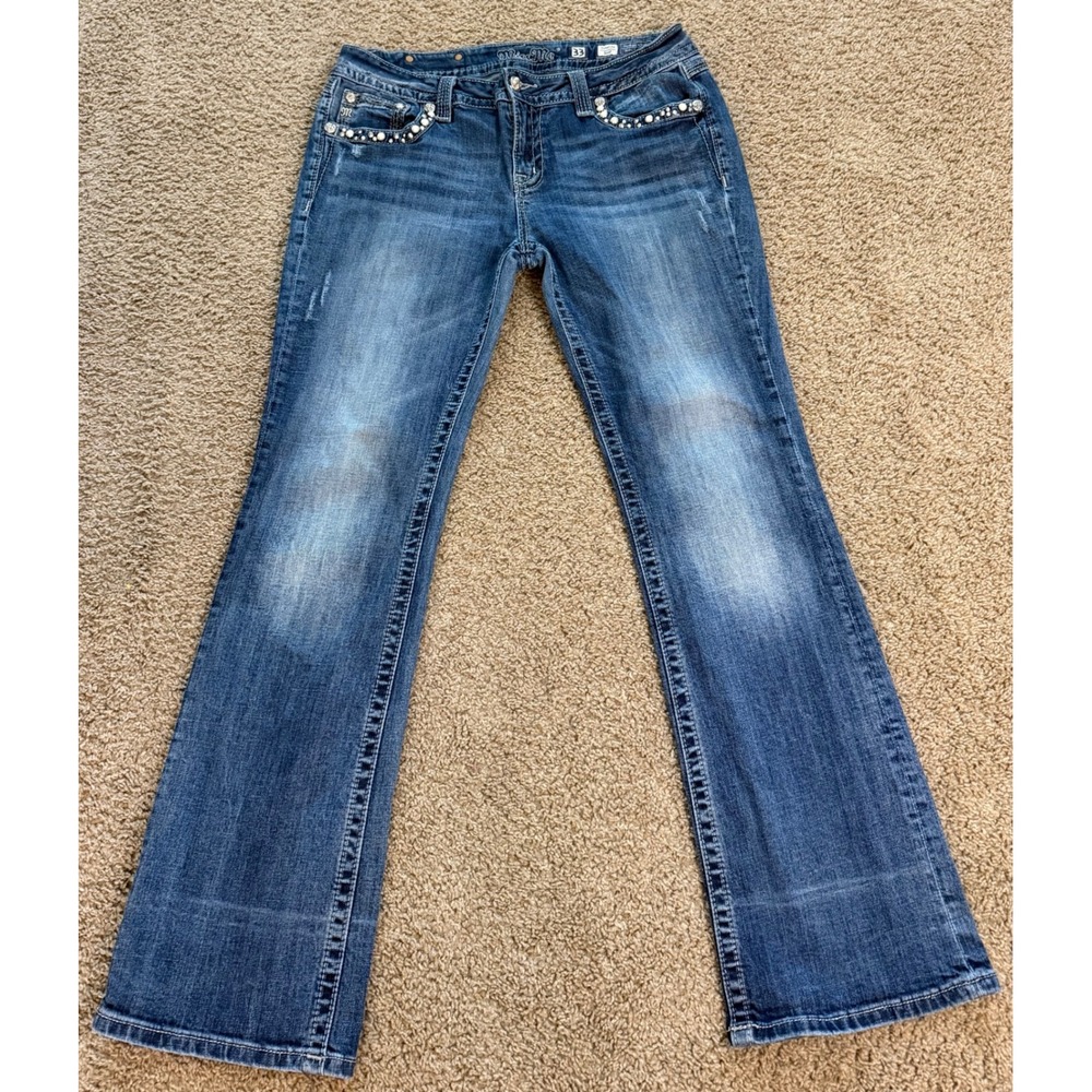 Miss Me Signature Bootcut Embellished Jeans Medium Wash Size 33 Pearl Rhinestone